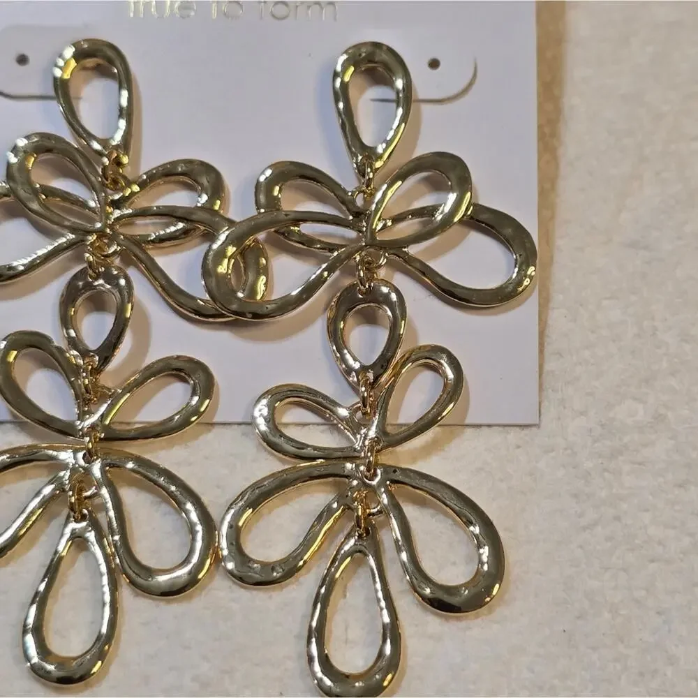 True to Form Gold Tone Statement Floral Chandelier Drop‎ Earrings New!